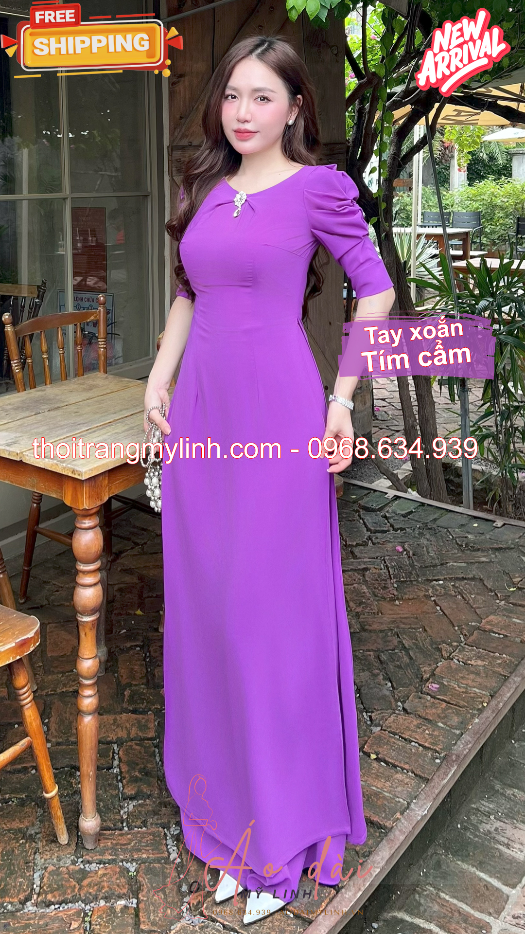 Bộ áo dài cổ tròn đính đã tay xoắn tím cẩm